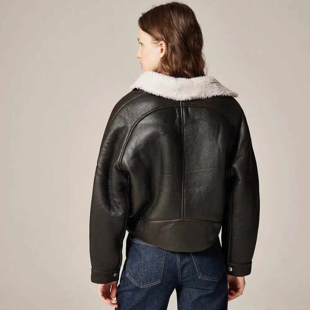 J. Crew Collection Lamb Leather Lamb Shearling Moto Jacket Black Size M NWT - Picture 3 of 16